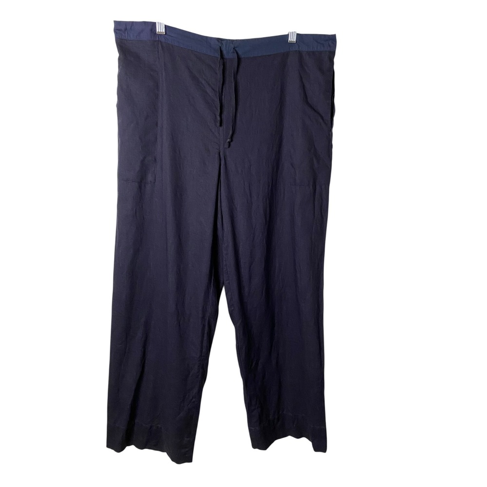 DKNY Essentials Navy Blue 100% Linen Relaxed Drawstring Wide Leg Pants Womens M